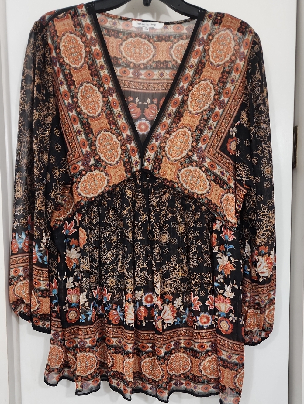 Rose & Olive Black Floral V‑Neck Boho Tunic with Rust Accents